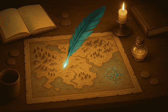 Fantasy map and journal with AI prompt notes